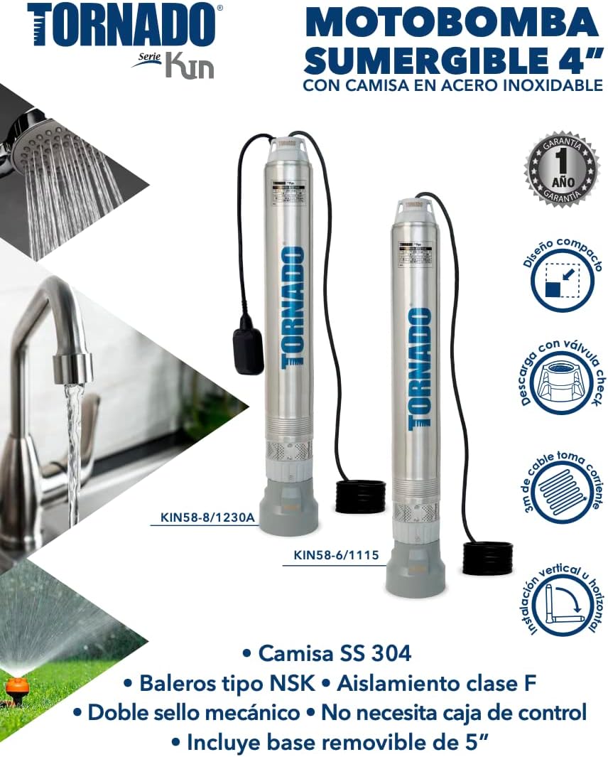 TORNADO Brand Submersible Pump with Float, KIN-Series, 1.5 HP, 230 Volts, 115 LPM, 304 Stainless Steel, 2 Threads, (KIN58-81230A)