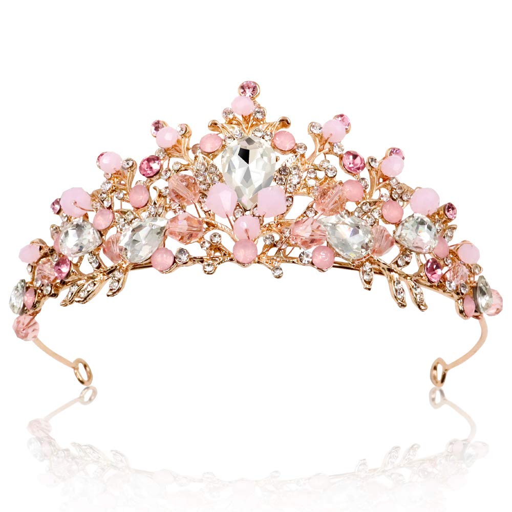 NODG Tiaras y coronas de oro rosa para mujer, tiaras de boda de cristal rosa para mujeres, diademas de fiesta de cumpleaños, graduación, concurso,
