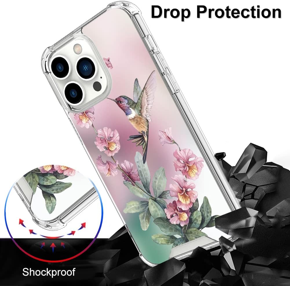 OOK Funda transparente compatible con iPhone 13 Pro Max, diseño de colibrí rosa, TPU flexible, a prueba de golpes, antiarañazos, funda transparente