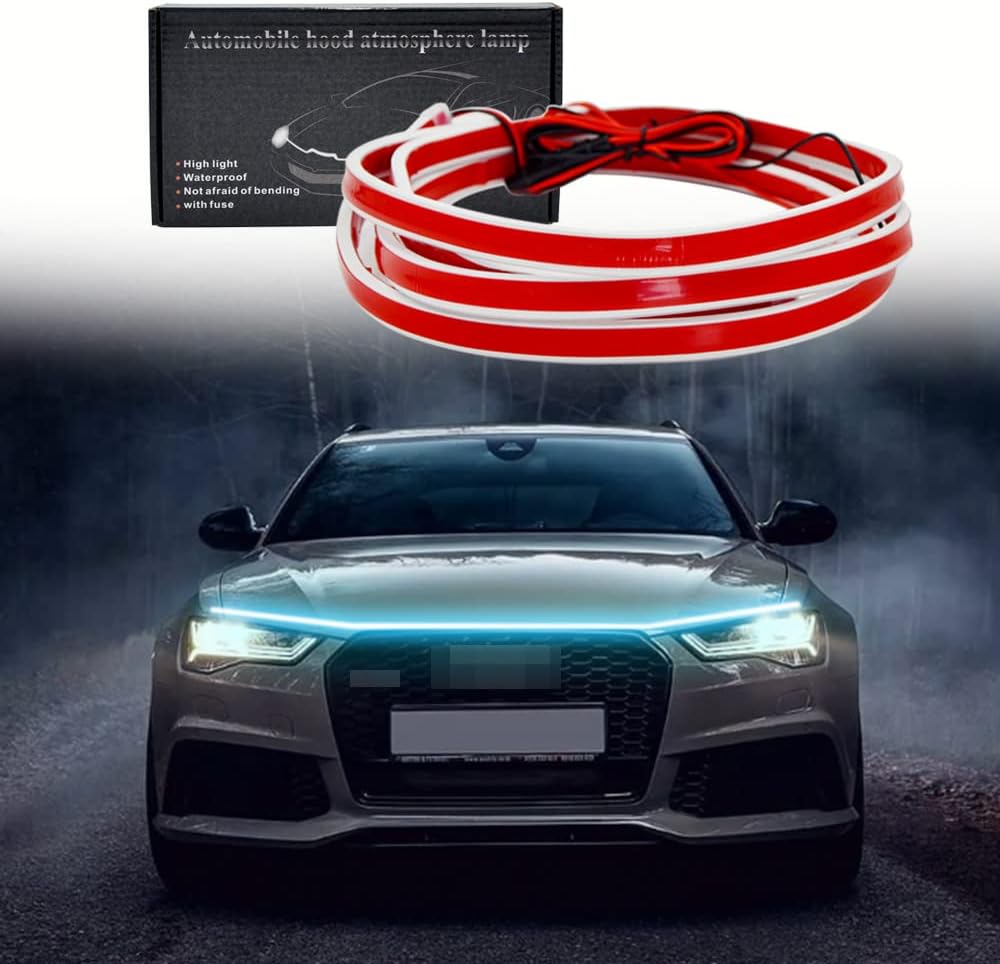 Tira de luz para capó de automóvil de 59 pulgadas, color azul hielo, tira de luces LED para capó, flexible, impermeable, escaneo dinámico, tira de
