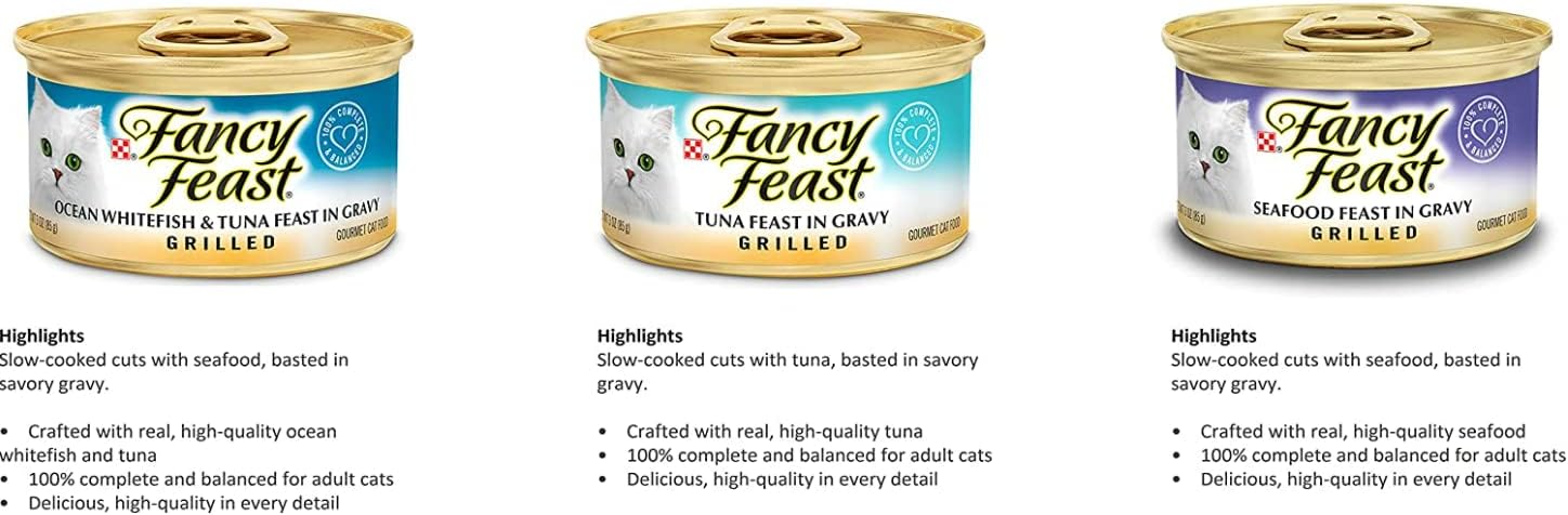 Fancy Feast – Paquete de comida húmeda para gatos a la parrilla, total 12 latas, 04 peces blancos del océano, 04 mariscos y 04 atún a la parrilla y