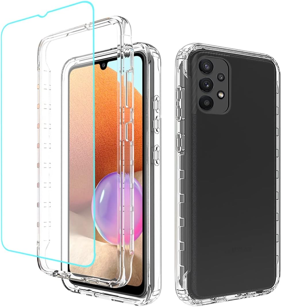 Bohefo Funda transparente compatible con Galaxy A32 4G, SM-A325F con protector de pantalla de vidrio templado, bonito protector de cristal a prueba