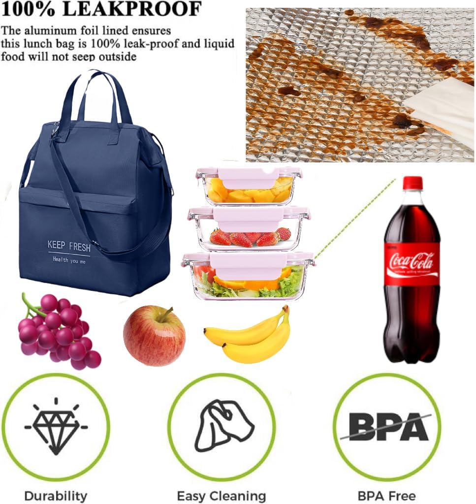 Lonchera aislada, 11 x 6.3 x 14.1 pulgadas, bolsa térmica Bento portátil, lonchera azul portátil, lonchera para mujeres, bolsa de almuerzo para