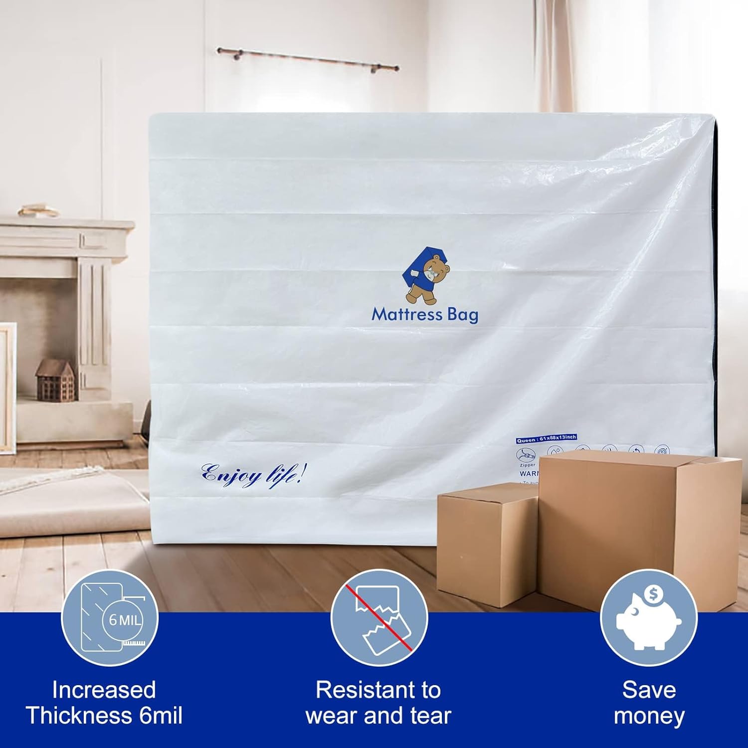 Bolsas de colchón para mudanza y almacenamiento, bolsa de colchón impermeable con cremallera de 6 mil, tamaño individual, extra gruesa, resistente a