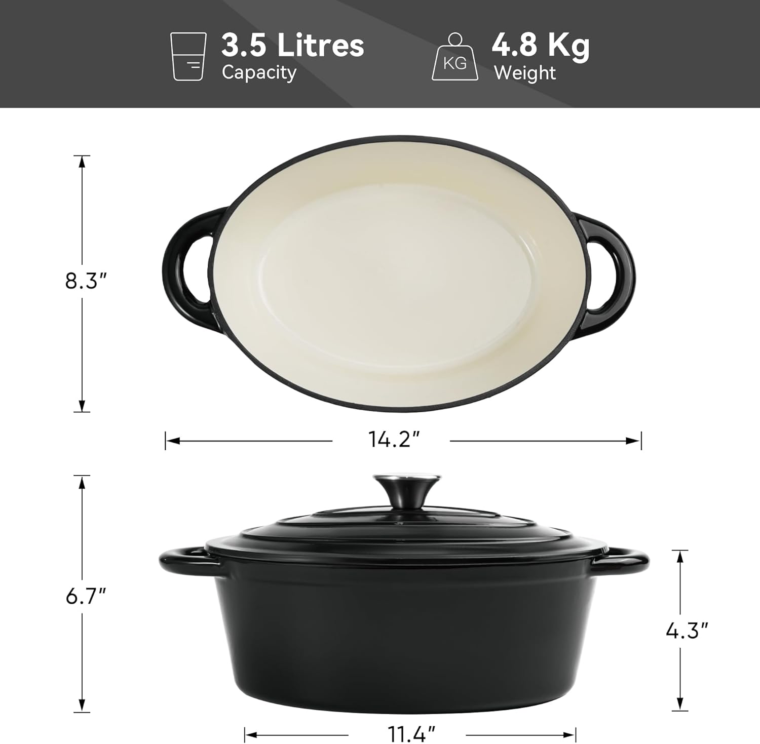 Olla de horno holandés ovalada esmaltada de 4.5 cuartos de galón con tapa y asas dobles, horno holandés de hierro fundido para cocinar, hornear pan,