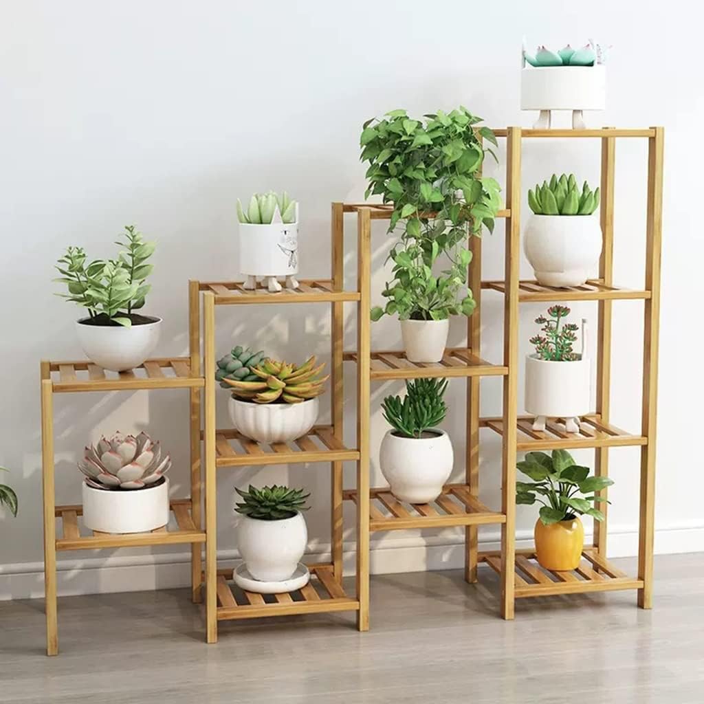 Soporte para plantas de bambú para interiores y exteriores, soporte de esquina para plantas de interior, múltiples estantes para plantas, estante