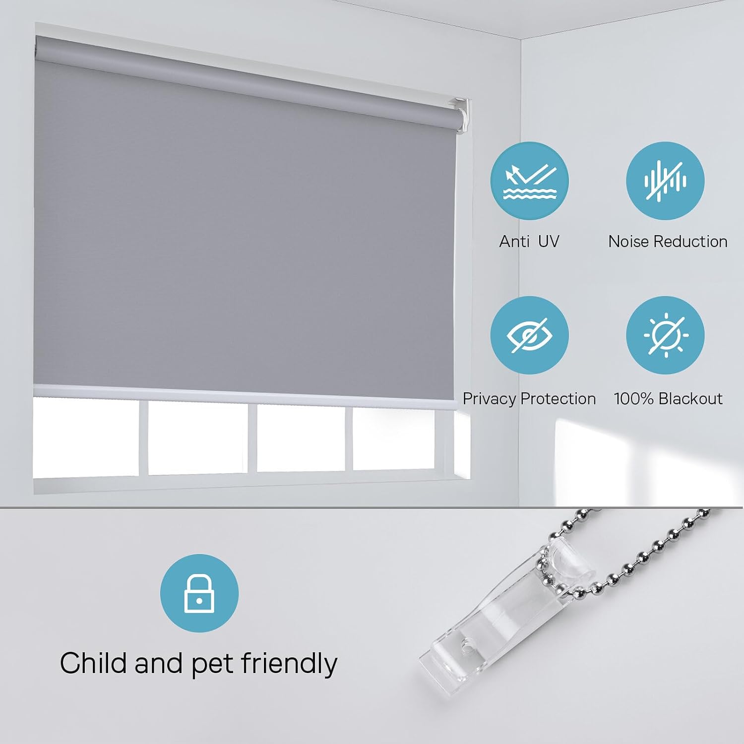 SUNFREE Persianas enrollables opacas para ventanas, 20 pulgadas de ancho x 72 pulgadas de alto, color gris claro, persianas extraíbles para ventanas