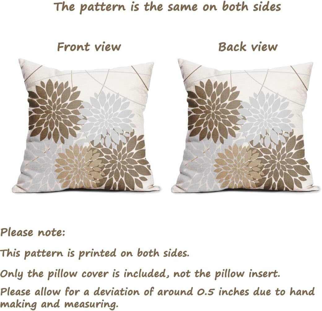 WOFOLE Juego de 2 fundas de almohada de 16 x 16 pulgadas con estampado de flores de dalia gris, decoración al aire libre, fundas de cojín de lino
