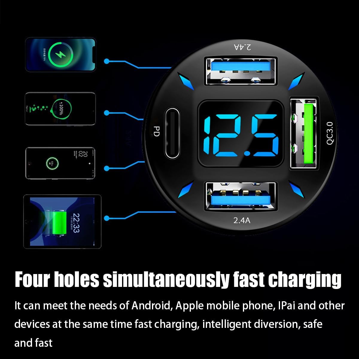 Cargador de coche USB de 4 puertos, carga súper rápida de 66 W con QC 3.0, PD 20 W y adaptador de cargador USB 2.4A, carga rápida con voltímetro