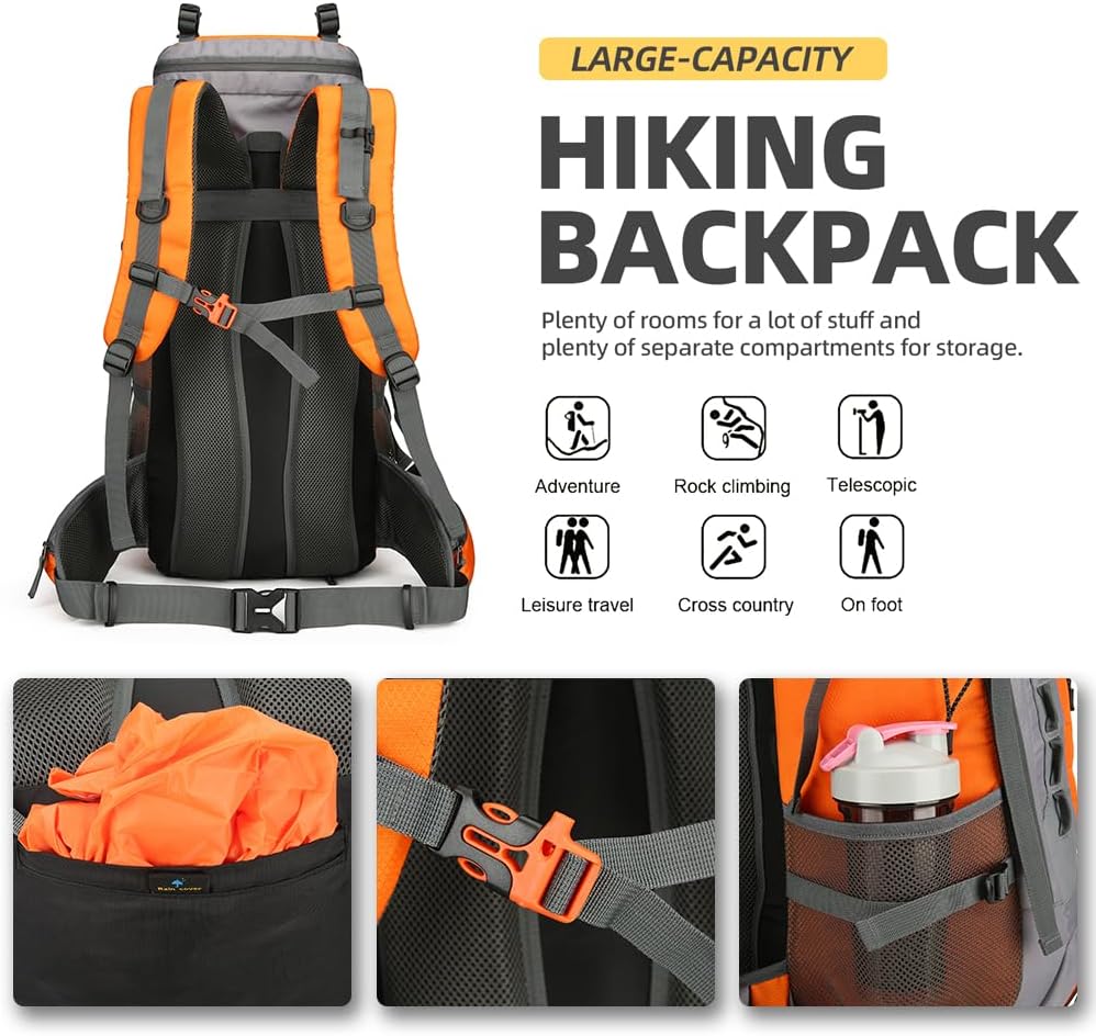 WIYPRQZ Mochila de senderismo ligera impermeable de 60L Mochila deportiva al aire libre con cubierta de lluvia Camping, Naranja, Senderismo