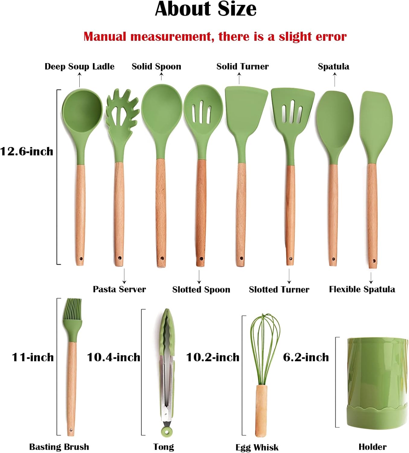 1 utensilio de cocina de silicona verde aguacate resistente al calor, mango de madera, espátulas de cocina antiadherentes para pescado, huevos y
