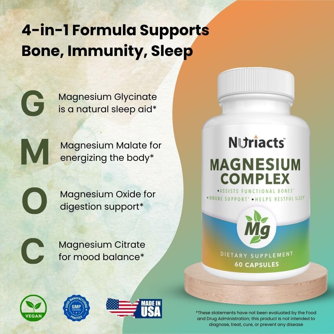 Complejo de magnesio 60 cápsulas energía 4 en 1, estado de ánimo, sueño, apoyo digestivo con aquamina, suave al estómago, fórmula de alta absorción