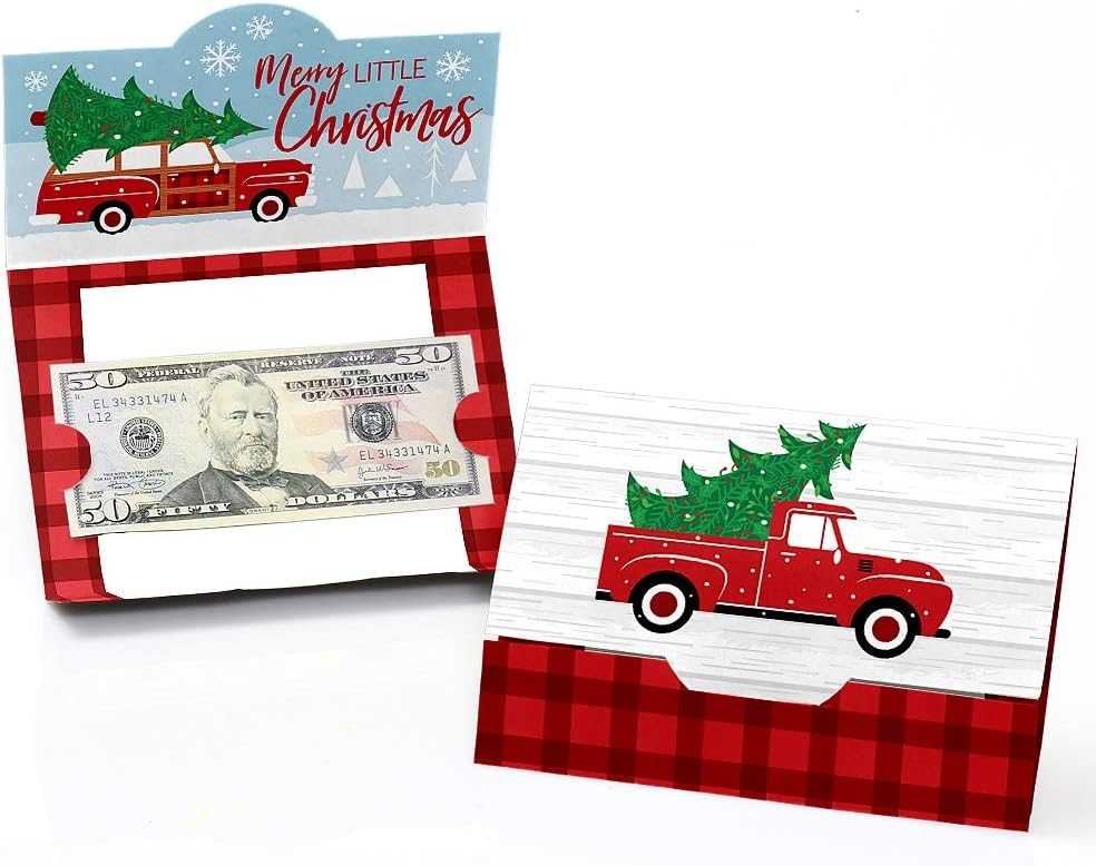 Big Dot of Happiness Merry Little Christmas Tree  Juego de 8 portatarjetas de regalo y dinero para fiestas de Navidad para camión rojo y coche