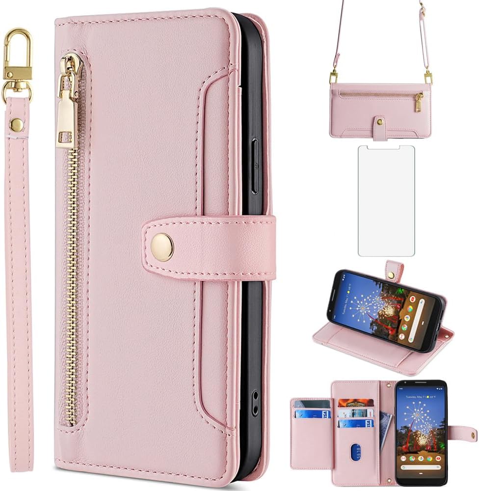 Asuwish Funda de teléfono para Google Pixel 3a Funda tipo cartera y protector de pantalla con cremallera para tarjetero, soporte de ranura de cuero,