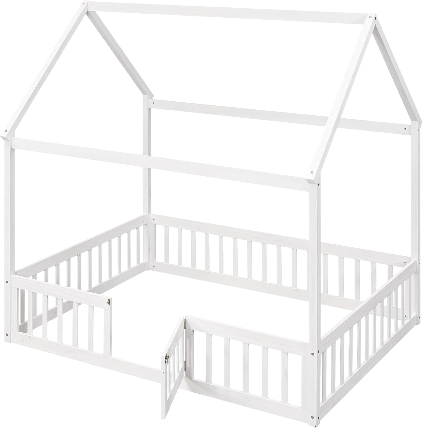 KLMM Cama de madera de tamaño matrimonial con valla y puerta, marco de cama de madera para niños o niñas, se puede decorar (valla blanca + puerta)