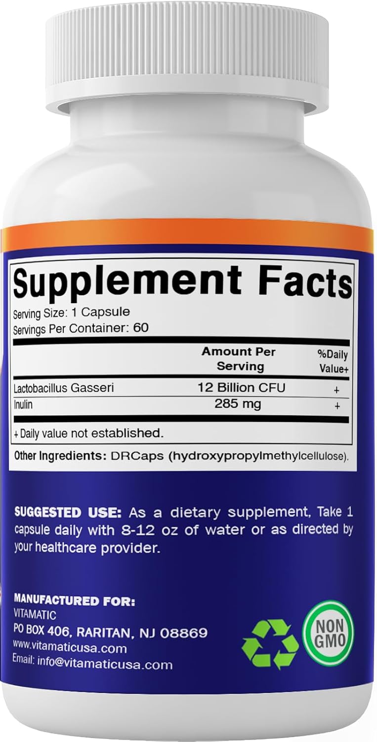 Vitamatic Lactobacillus Gasseri – 12 mil millones por cápsula DR – 60 unidades – Soporte digestivo – Fabricado con fibra prebiótica de inulina