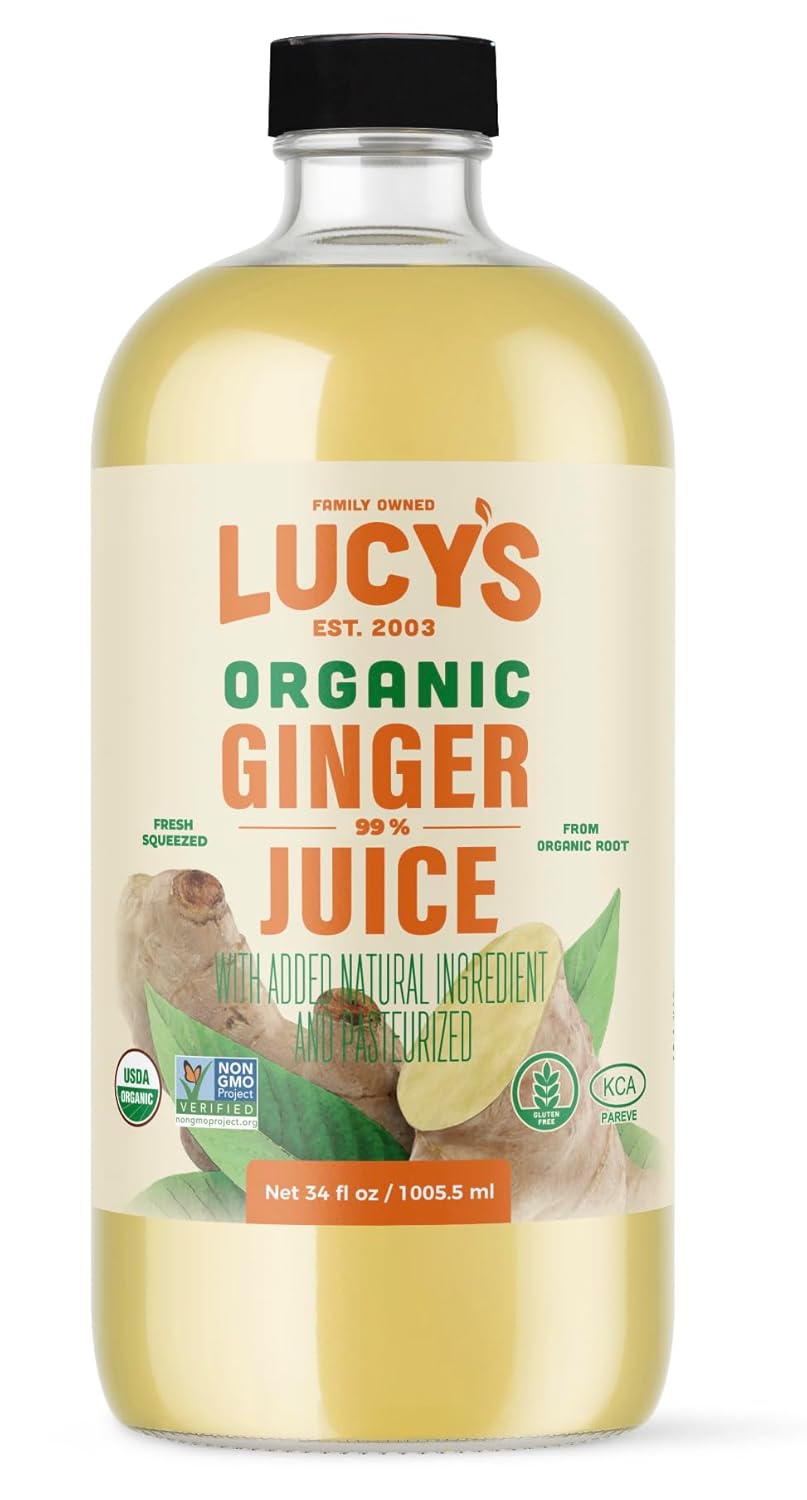 Lucy’s Propiedad familiar (hecho de fresco prensado) orgánico sin OMG 99% jugo de jengibre puro, botella de vidrio de 34 onzas