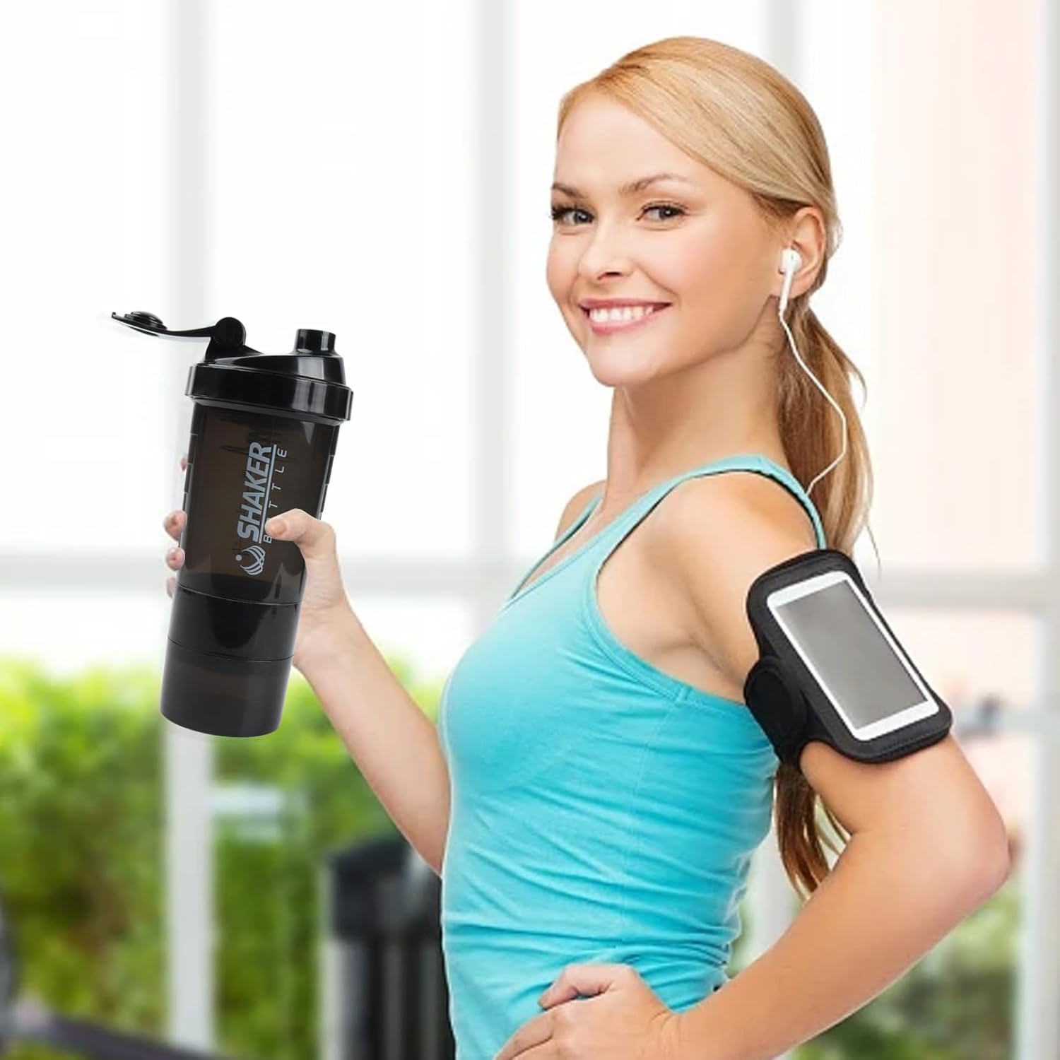 Shaker Bottle – Vaso agitador de proteínas con compartimentos de almacenamiento – Botellas de entrenamiento a prueba de fugas con mezclador para una