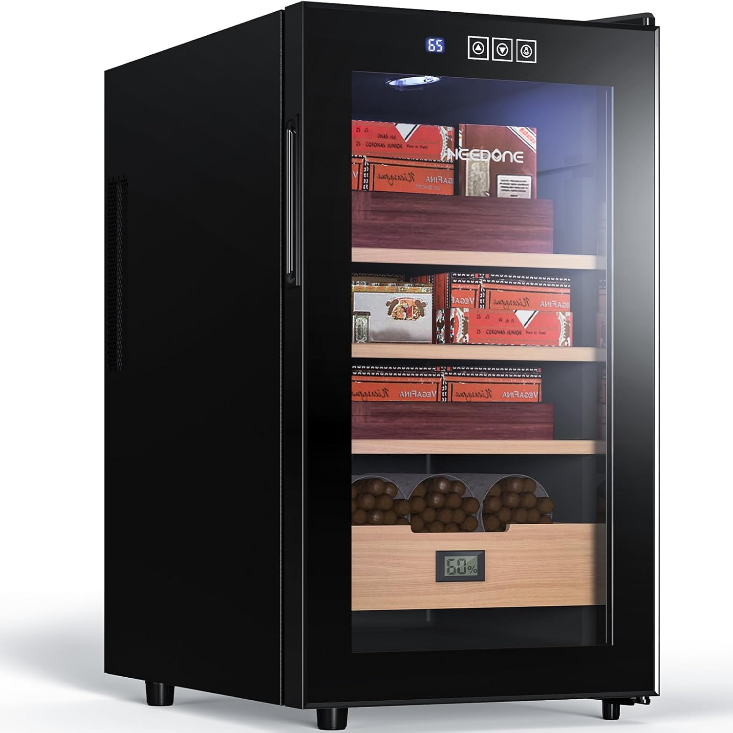 NEEDONE Humidor eléctrico de 48 L, armario grande para 300 unidades con estantes de madera de cedro español y cajón con higrómetro, funcionamiento