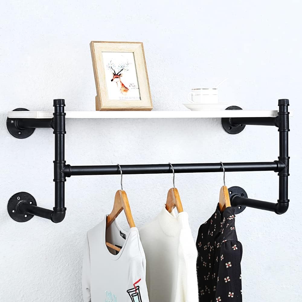 Estante industrial de la ropa del tubo montado en la pared con el estante de madera,Estante de la ropa al por menor estante de exhibición de los