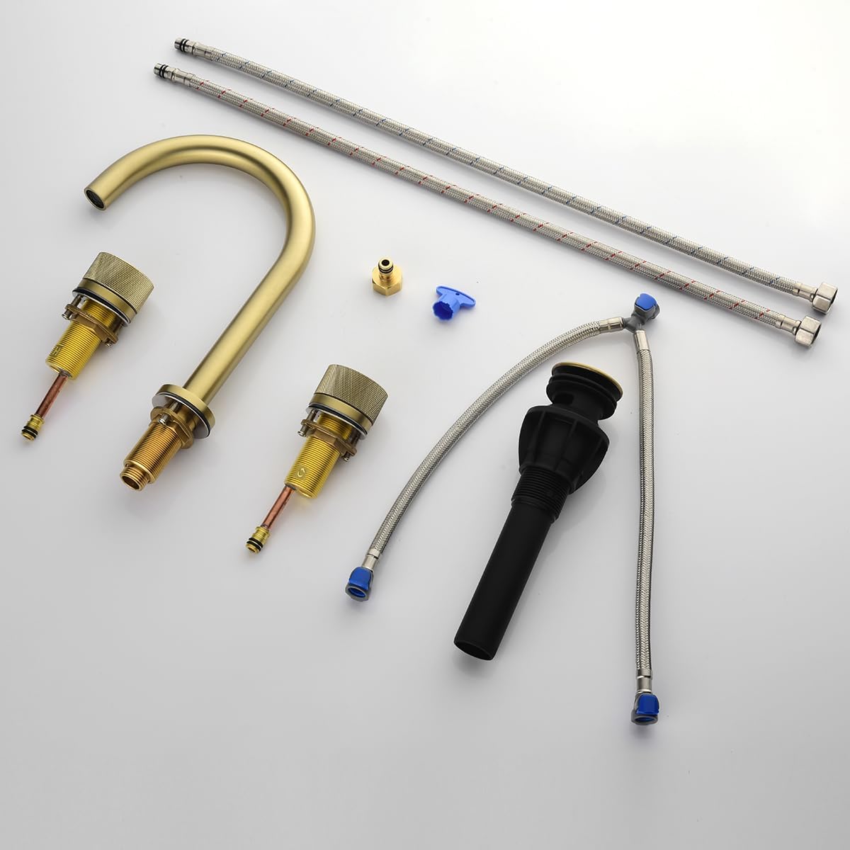 Techzm Grifo de baño de cuello de cisne de 8 pulgadas con dos manijas mezclador de lavabo con desperdicios emergentes cepillado dorado