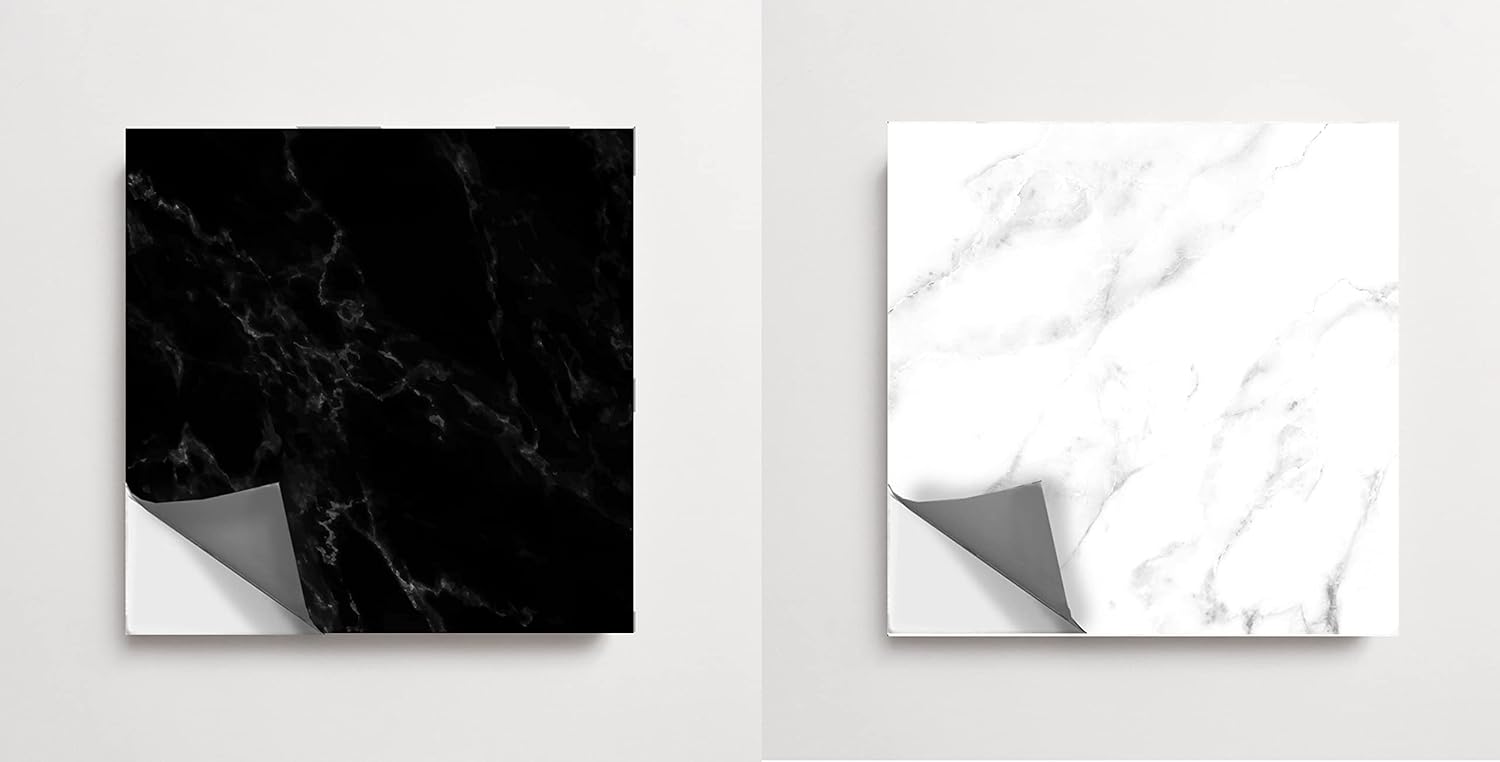 Bleucoin Adhesivos de azulejos de suelo de mármol blanco y negro sólido antideslizante para despegar y pegar para baño, cocina, suelo de lavandería,
