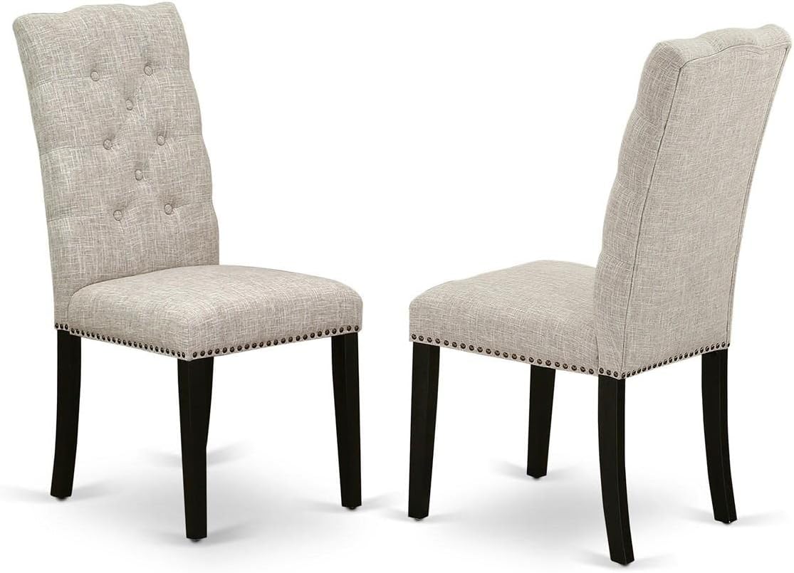 East West Furniture ELP6T35 Elsa Parson – Juego de 2 sillas acolchadas de tela de lino con ribete de clavos y botones copetudos, color negro