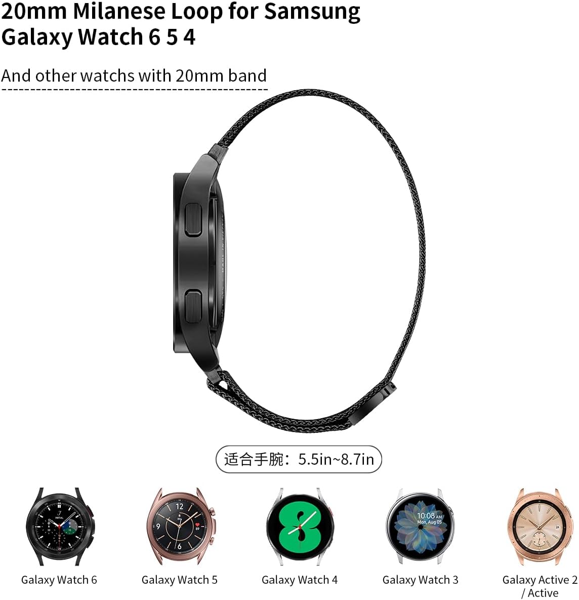 Dniieo Paquete de 2 correas compatibles con Samsung Galaxy Watch 6 5 4 de 1.575 pulgadas, 1.732 pulgadas, 0.772 pulgadas, correa milanesa para
