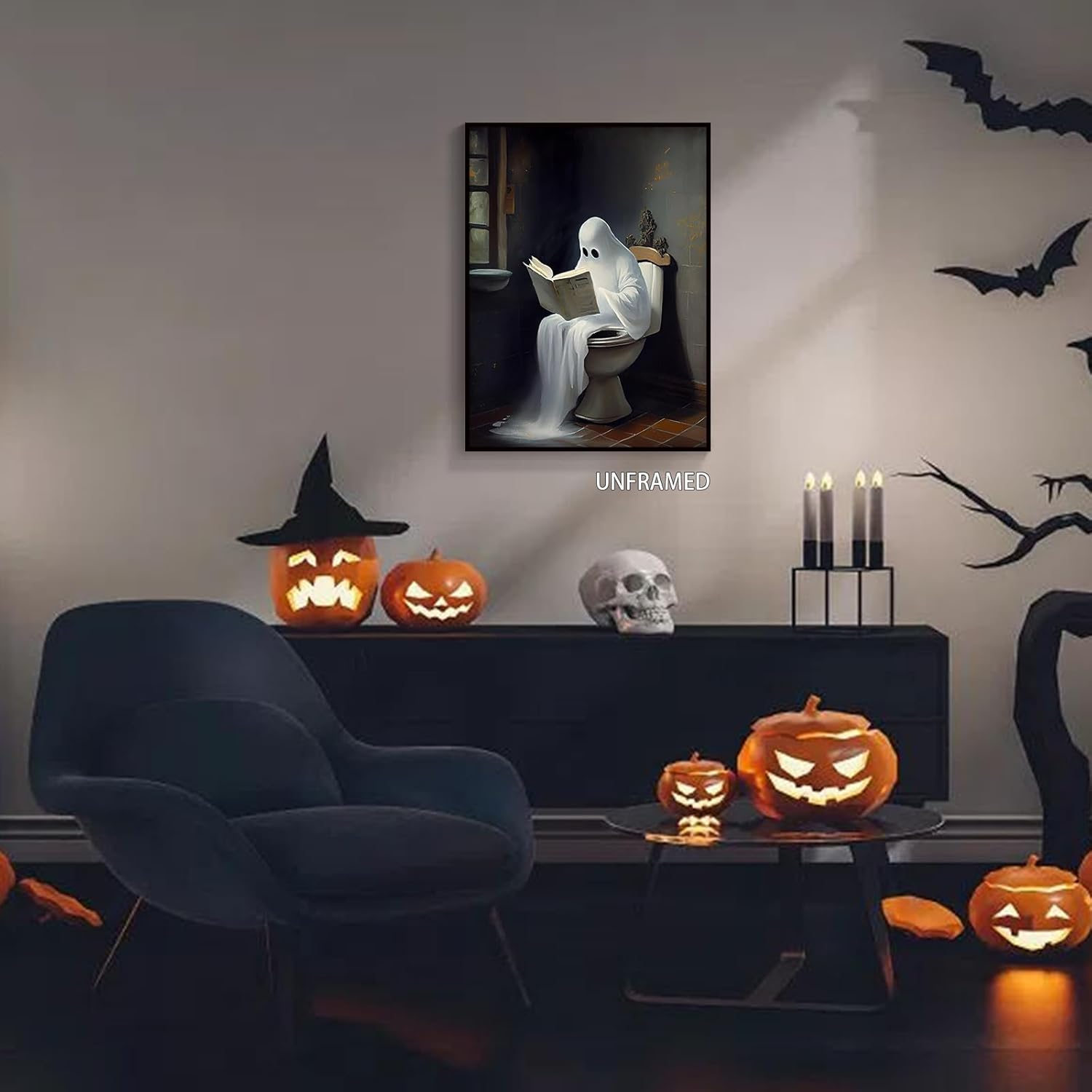 Wodkodnxy Pared de lienzo de libros de lectura de fantasmas en toliet vintage, divertidos pósteres estéticos góticos, fotos de terror de Halloween,