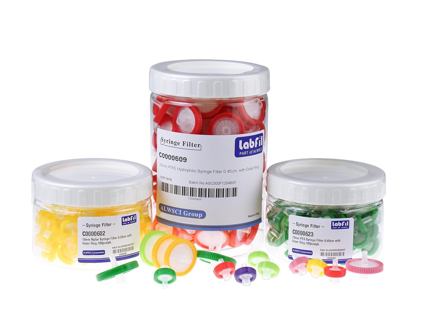 filtros de jeringa, filtración hidrofílica de nailon, 0,22 um micrón, tamaño de poro, 0.984 in, diámetro de membrana, disco de membrana de nailon de
