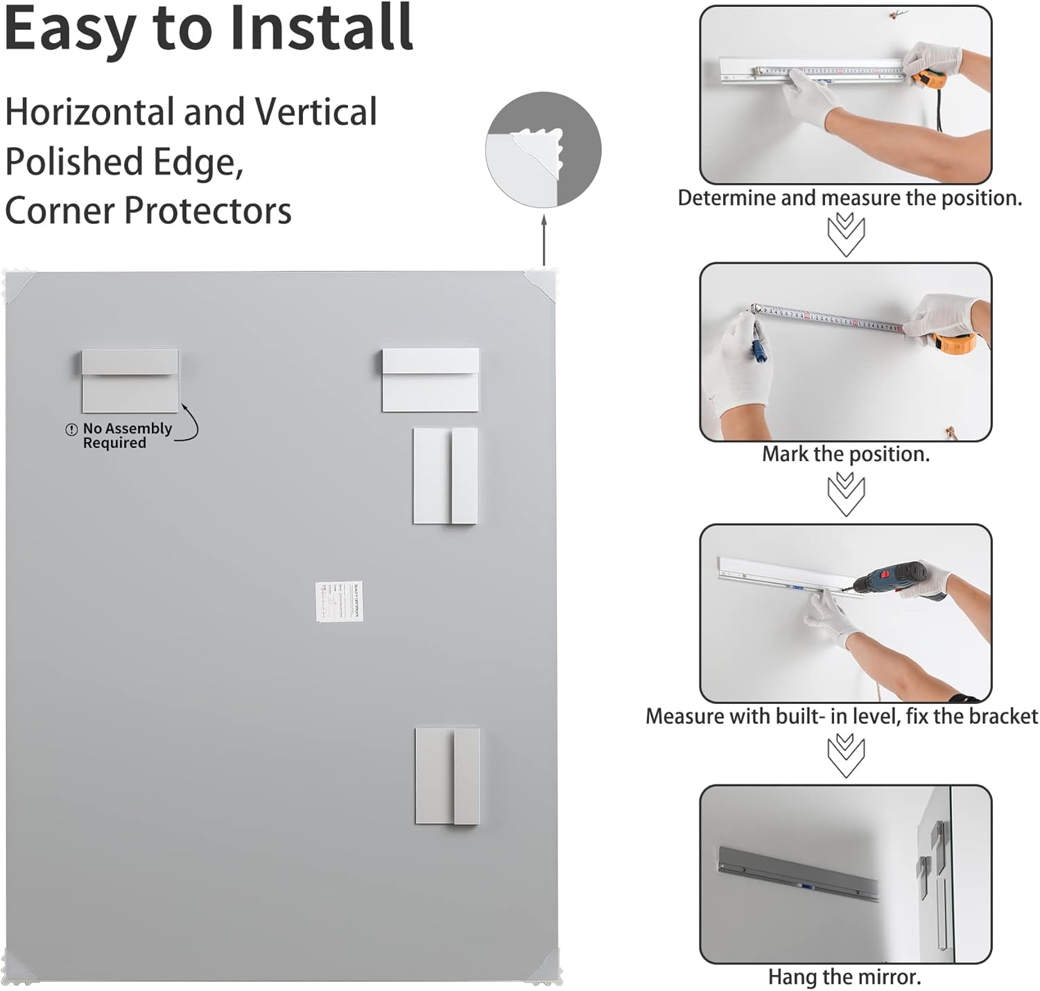 Espejo de tocador de baño de 40 x 32 pulgadas, espejo sin marco con borde pulido, se cuelga horizontal o verticalmente. Espejo de baño inastillable
