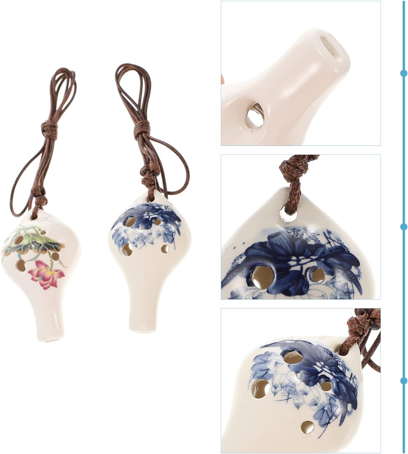 2 piezas de cerámica Ocarina porcelana blanca 6 agujeros colgante Ocarinas con patrón de loto Introductoria alta clave Ocarinas flautas para