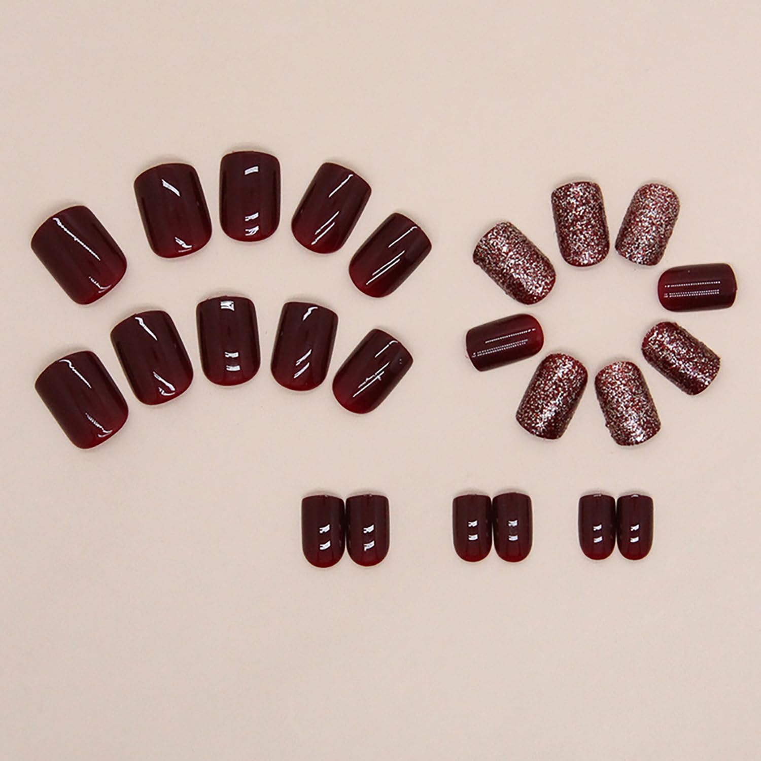 24 uñas postizas cuadradas cortas a presión, color rojo vino, uñas postizas con diseños, uñas acrílicas con purpurina, uñas con pegamento brillante