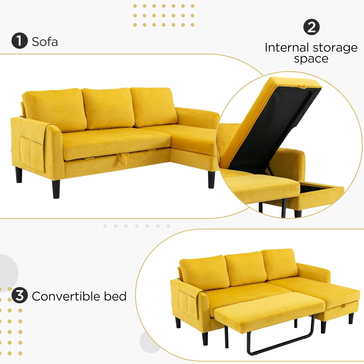 Akrenar Sofá modular reversible con almacenamiento, moderno sofá cama de tela de terciopelo en forma de L, sofás seccionales para sala de estar,
