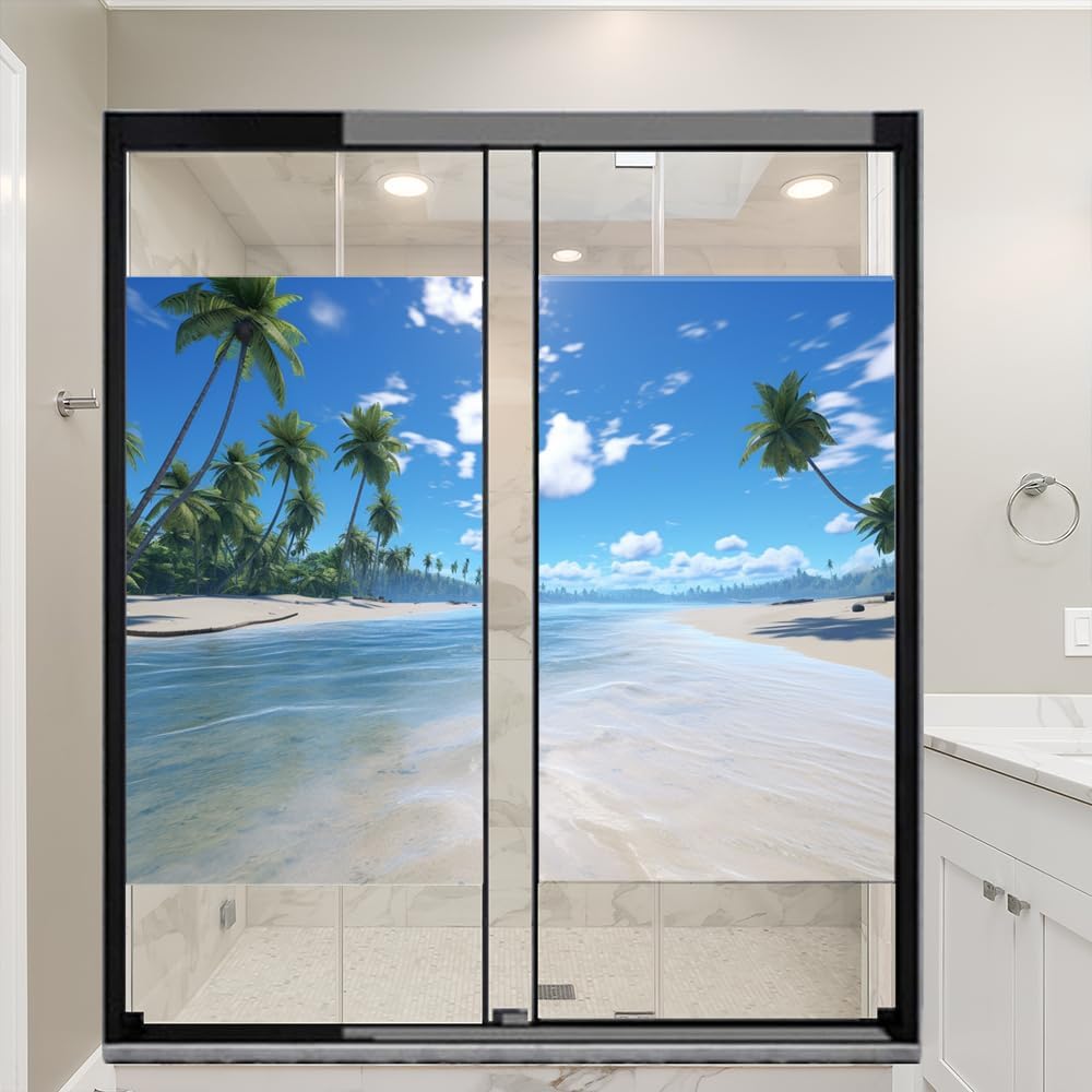 Película de privacidad para ventana, paisaje marino tropical, palmeras de playa, imagen moderna, vitrales, sin pegamento, película estática para