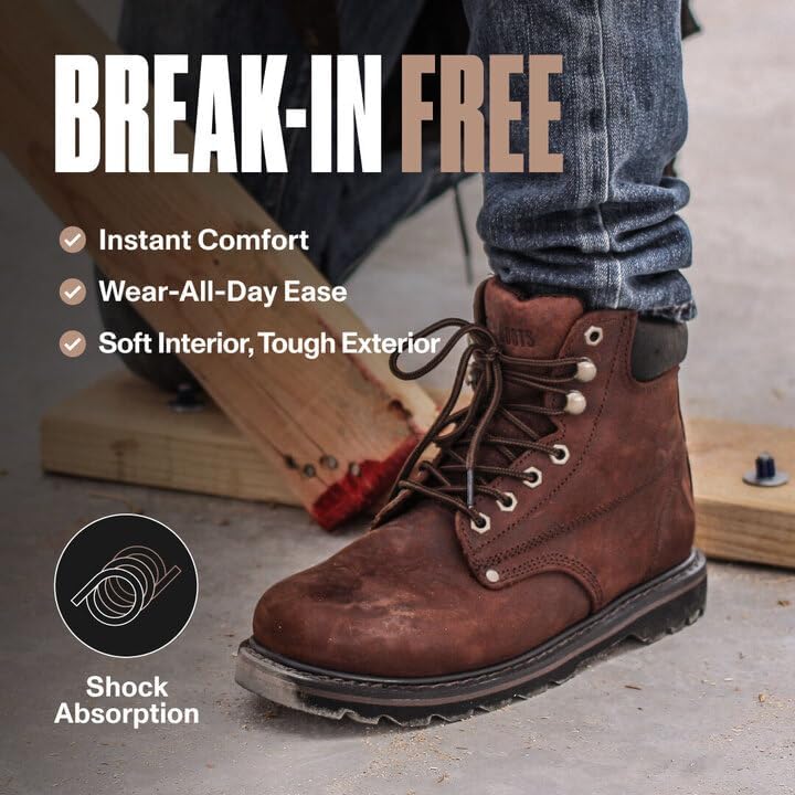 Botas de trabajo para hombre, punta de acero, botas de cuero de 6 pulgadas para trabajo, construcción, zapatos de trabajo de seguridad industrial