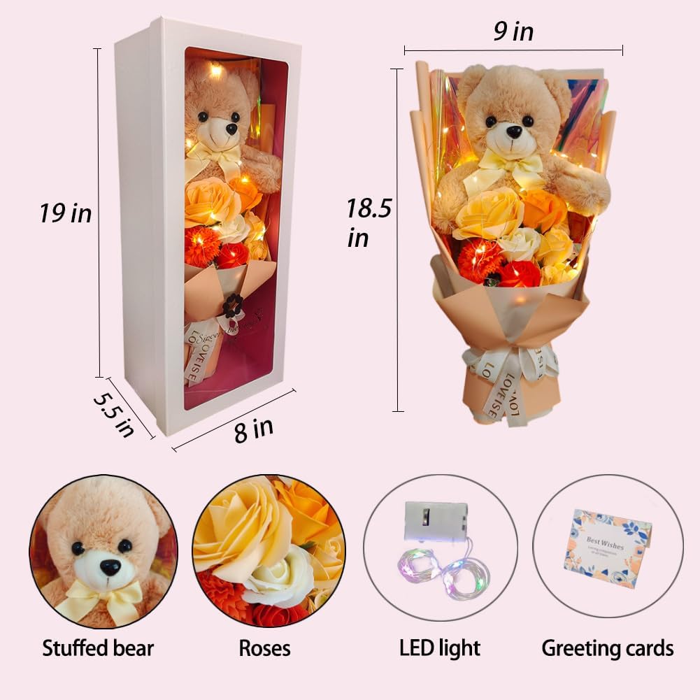 Ramo de rosas preservadas con oso de peluche, flores artificiales de rosas con collar de perlas para ella, regalo de amor, día de la madre, día de