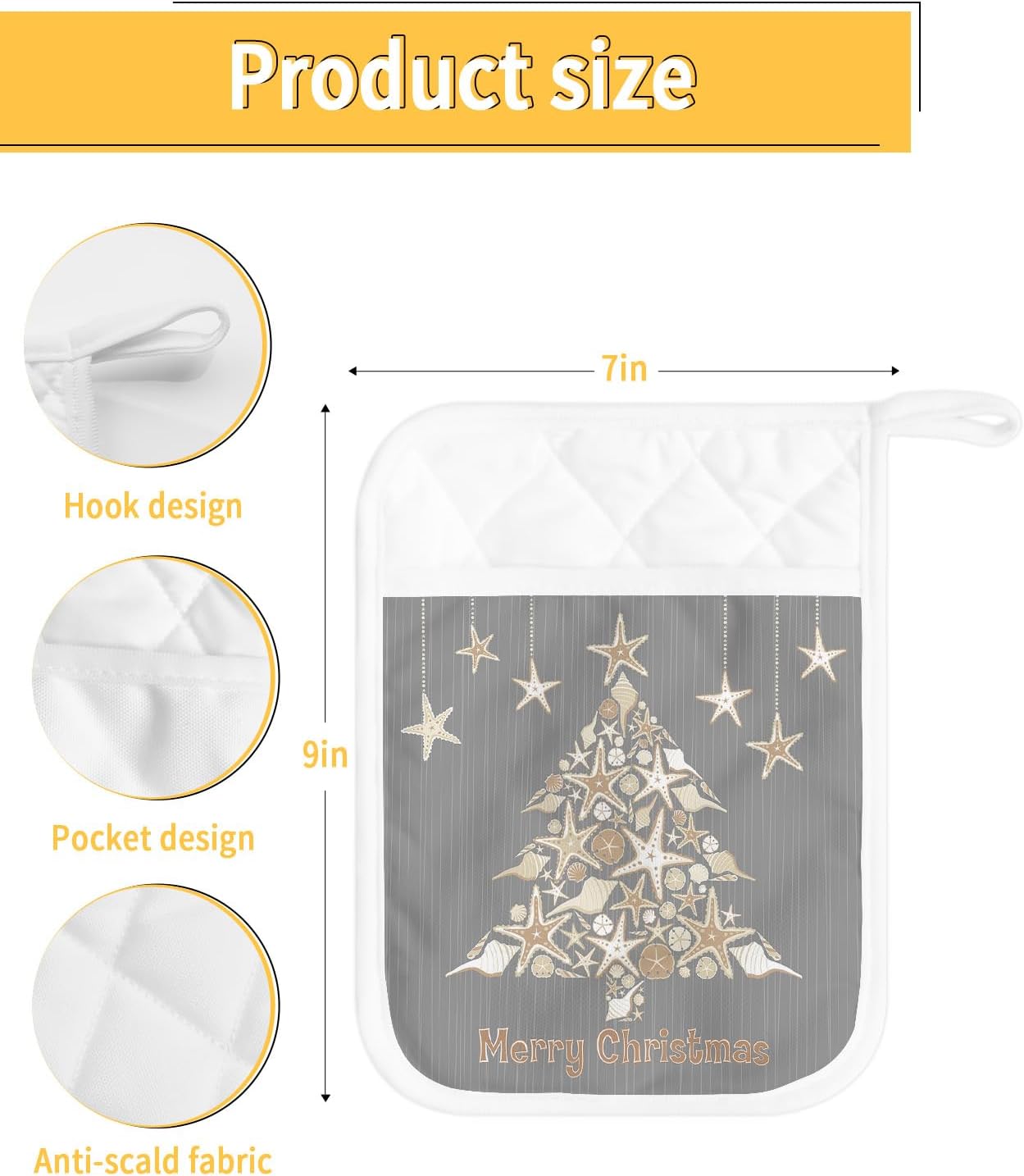 Christmas Tree 3Pcs Pot Holders for Kitchen,Non Slip & Heat Insulation Terry Cloth Potholder Set with Pocket,Thick Hot Pad Oven Mitts Trivet