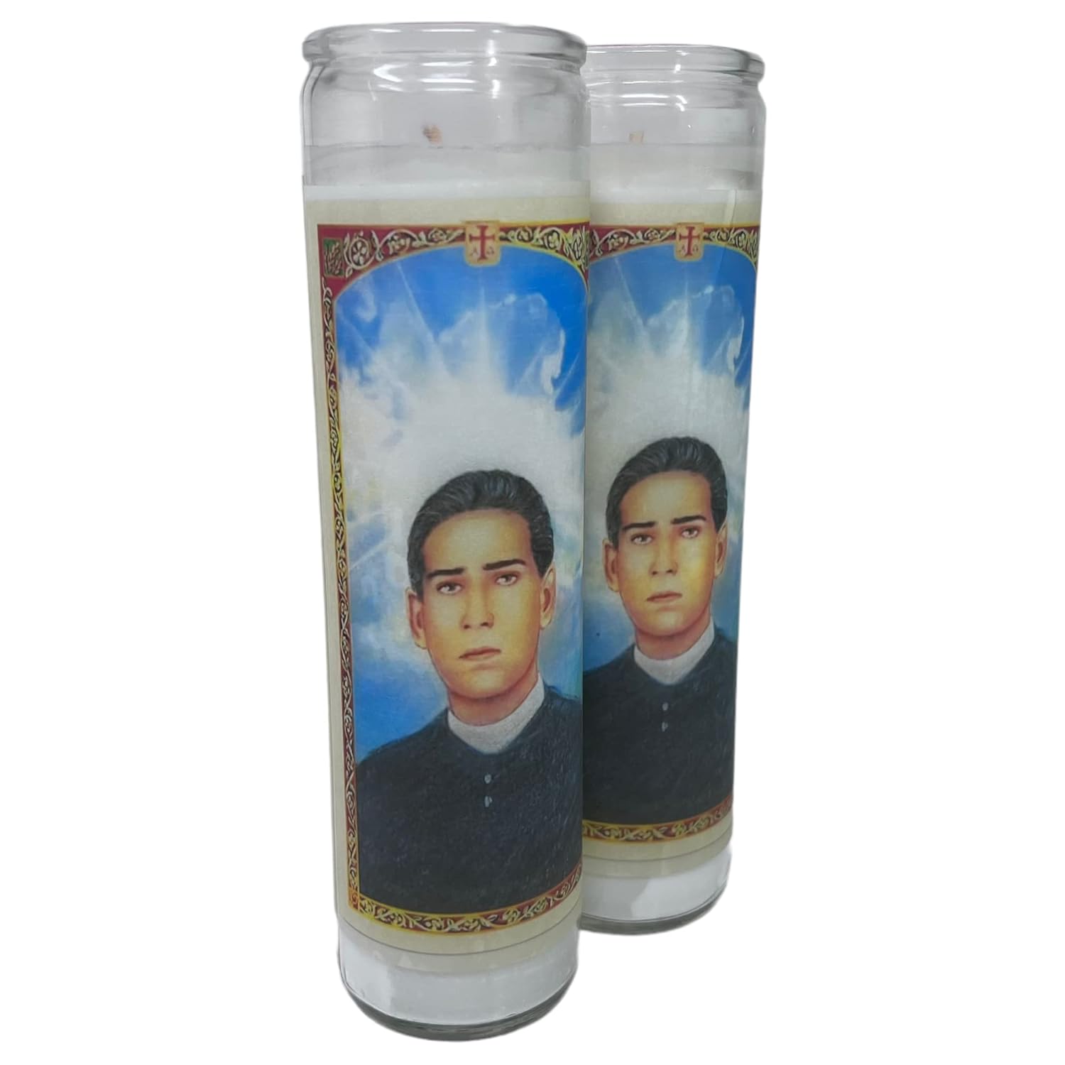 veladora de rezo Santo toribio Romo Patrono de los inmigrantes oración en español al reverso veladora blanca sin aroma