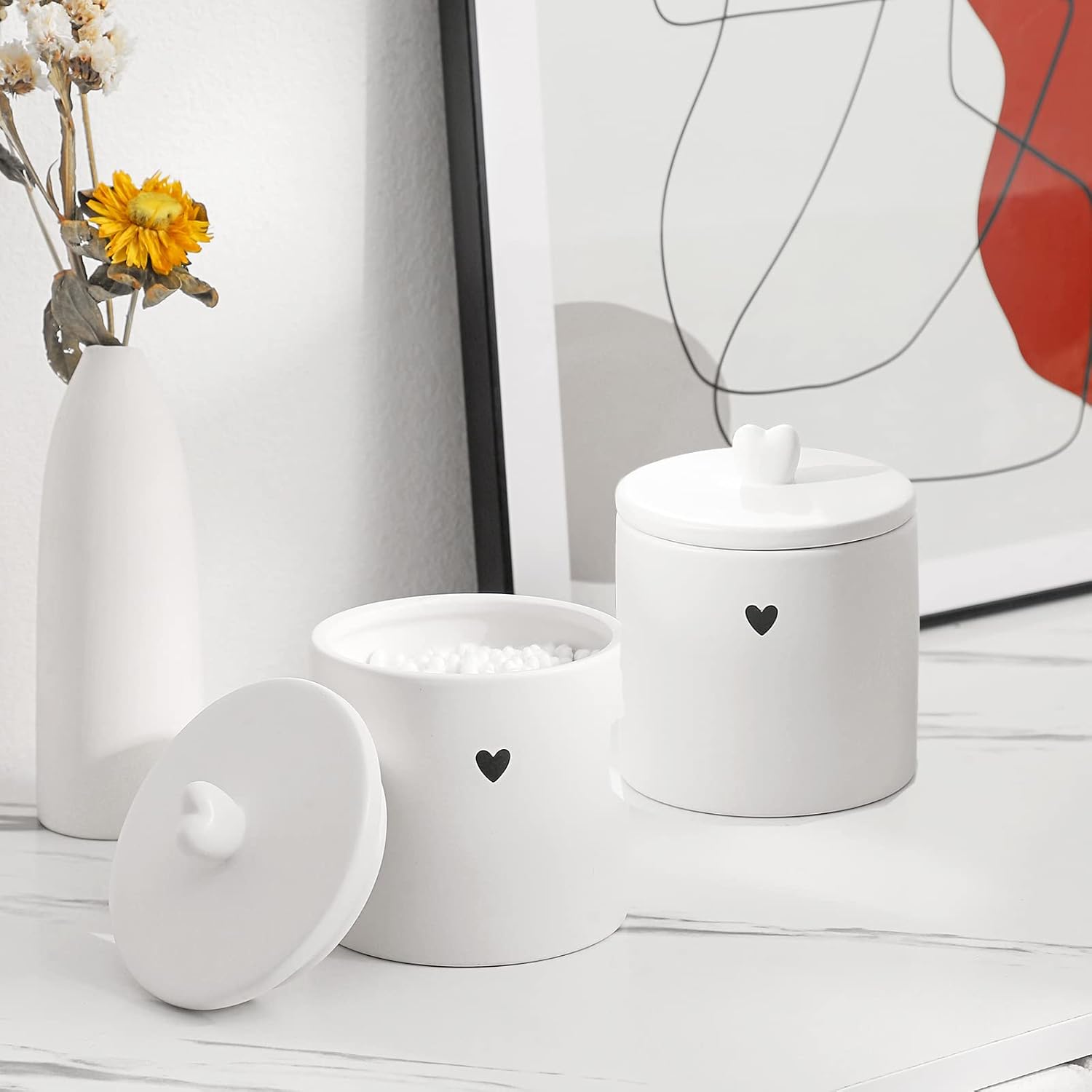 Paquete de 2 tarros de cerámica con tapas para boticario Qtip para decoración de baño, para bolas de algodón, hisopo de algodón, almohadilla de