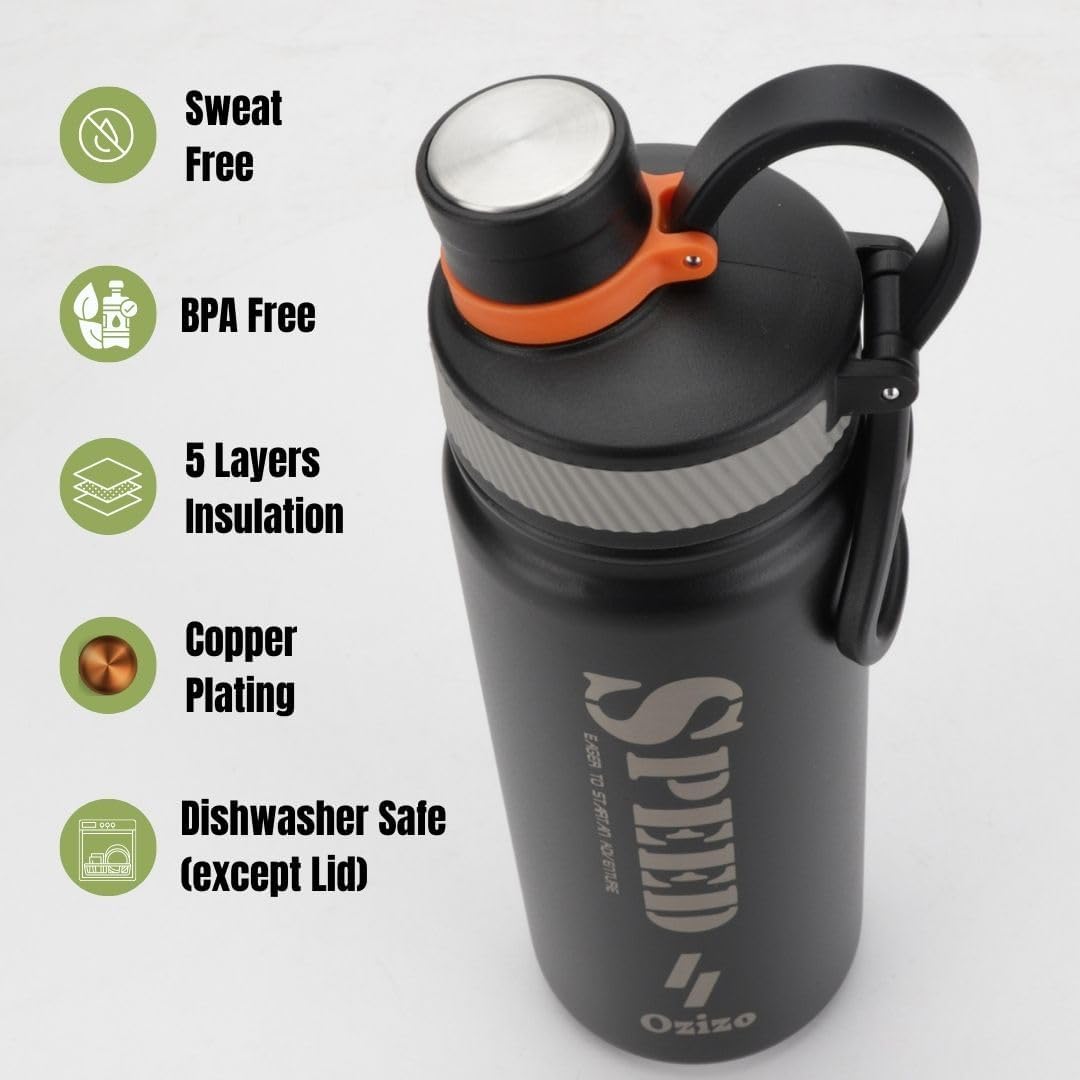 Ozizo Botella de agua deportiva aislada, tapa con popote, botella deportiva de acero inoxidable de 22 onzas, doble pared con tapa a prueba de fugas