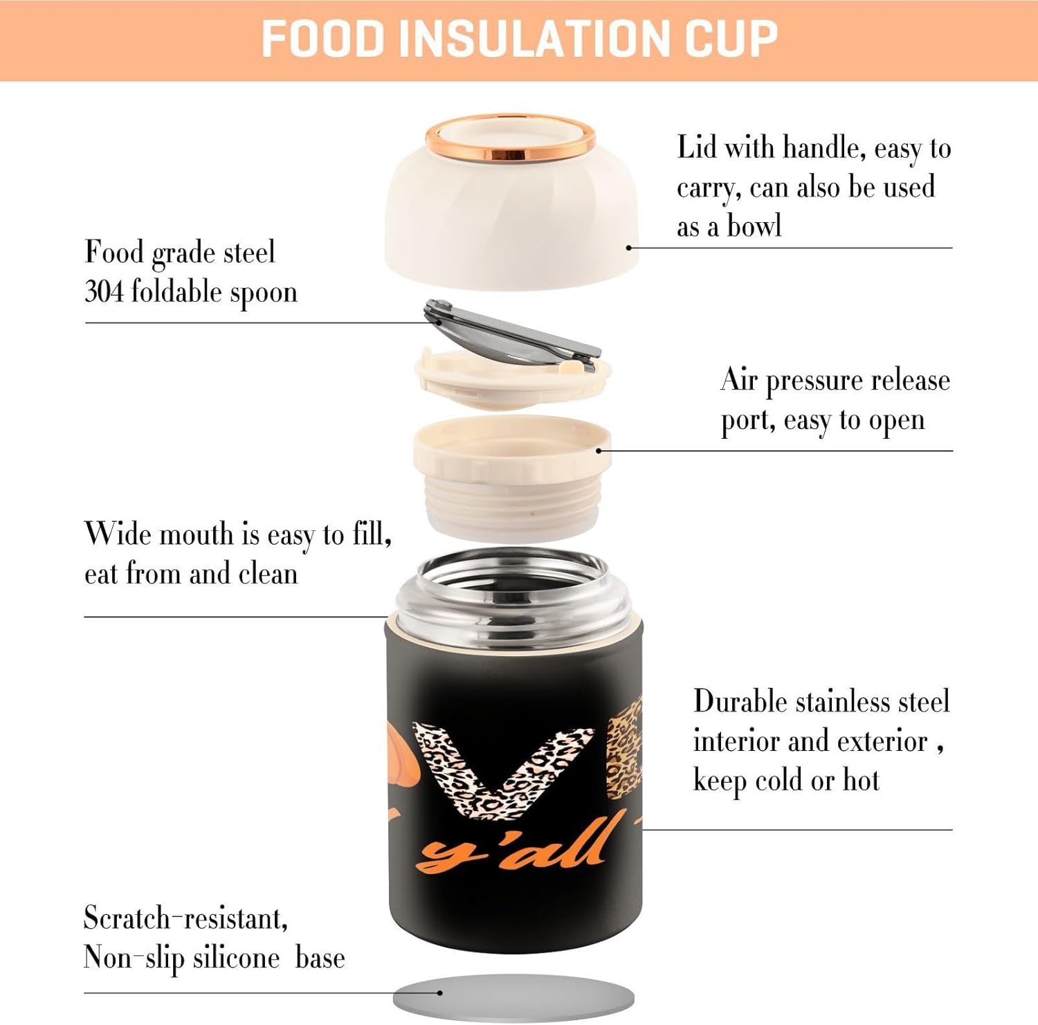CUPADA Love Fall Y’all Thermos Food Jar for Hot and Cold, Creative Pumpkins Love Insulated Hot Food Jars Vacuum 17OZ with Folding Spoon for School