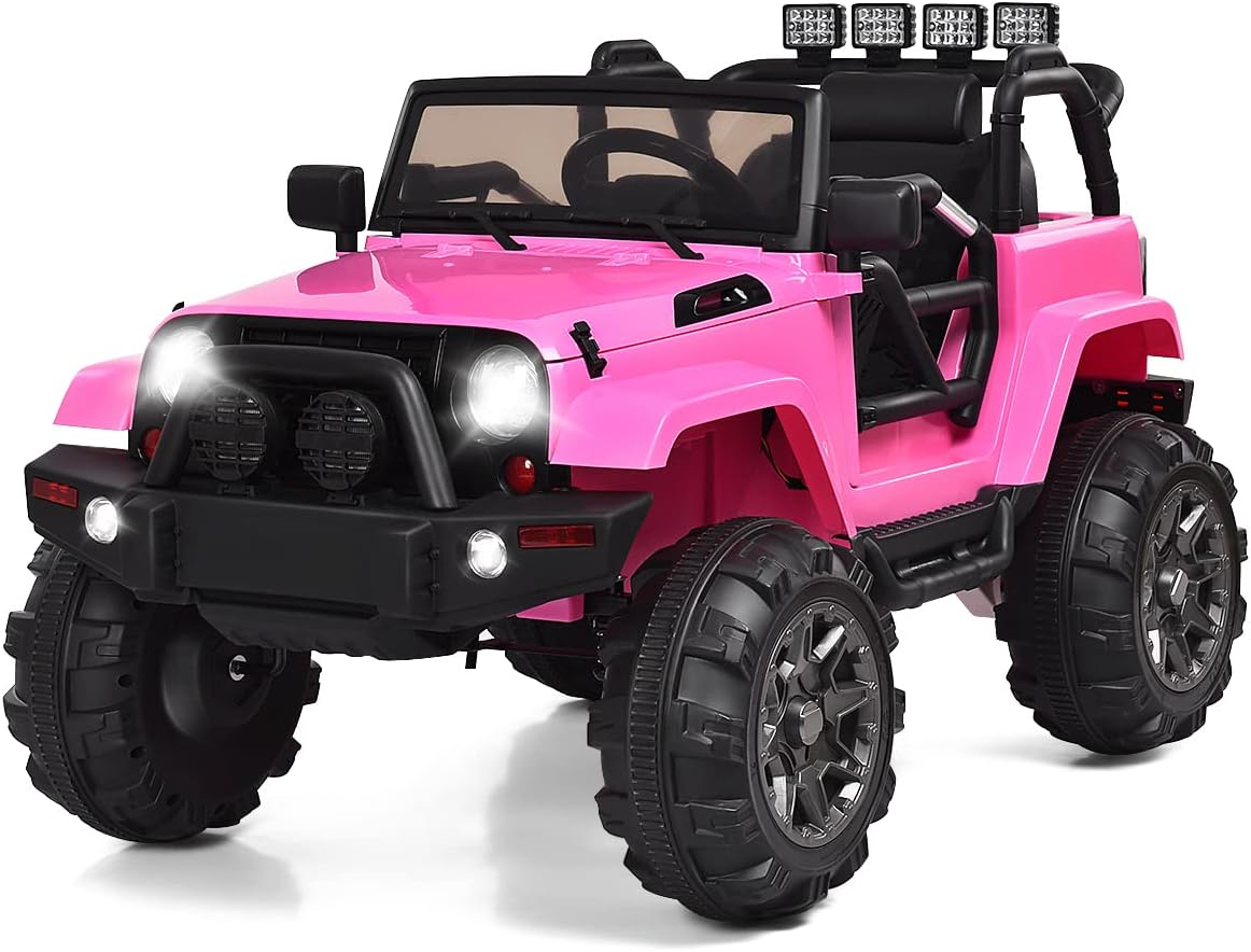 DORTALA Camión para montar, juguete eléctrico con batería de 12 V para niños con control remoto, música, luces LED, suspensión de resorte, auto de 4