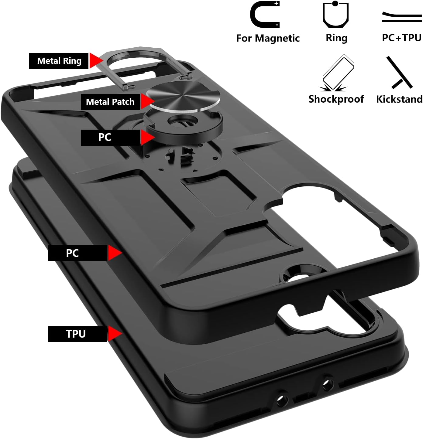Funda para Galaxy A32 5G, funda para Galaxy A32 5G con 3 protectores de pantalla de vidrio templado, soporte de anillo integrado y soporte magnético