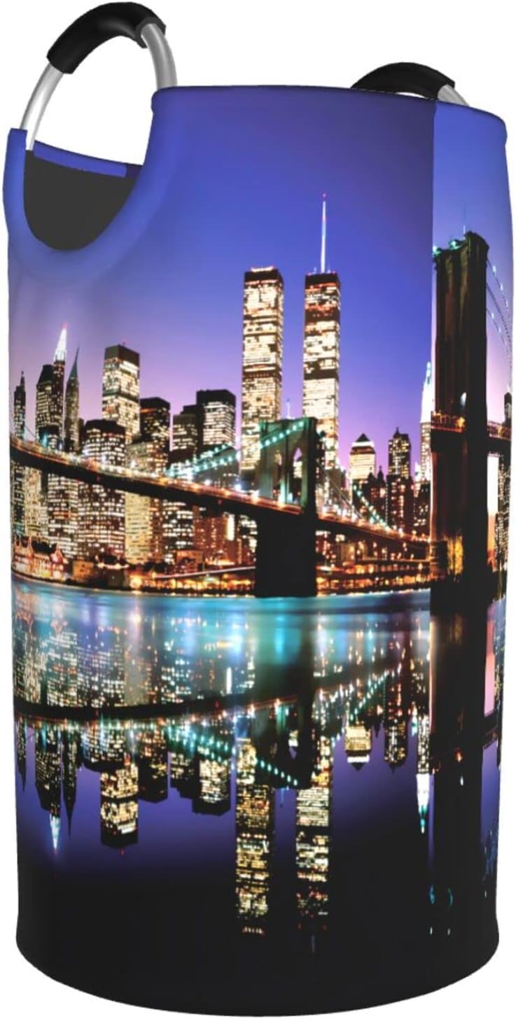 Cesta de lavandería con asas, plegable, duradera, para almacenamiento de ropa sucia, organizador de lavandería, New York Manhattan Night Brooklyn