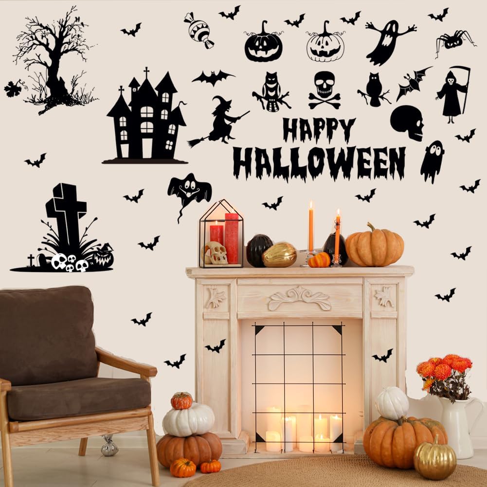 Calcomanías de pared de Halloween de vinilo, calcomanías de pared de Halloween, adhesivos de pared extraíbles de Halloween, murciélagos de bruja,