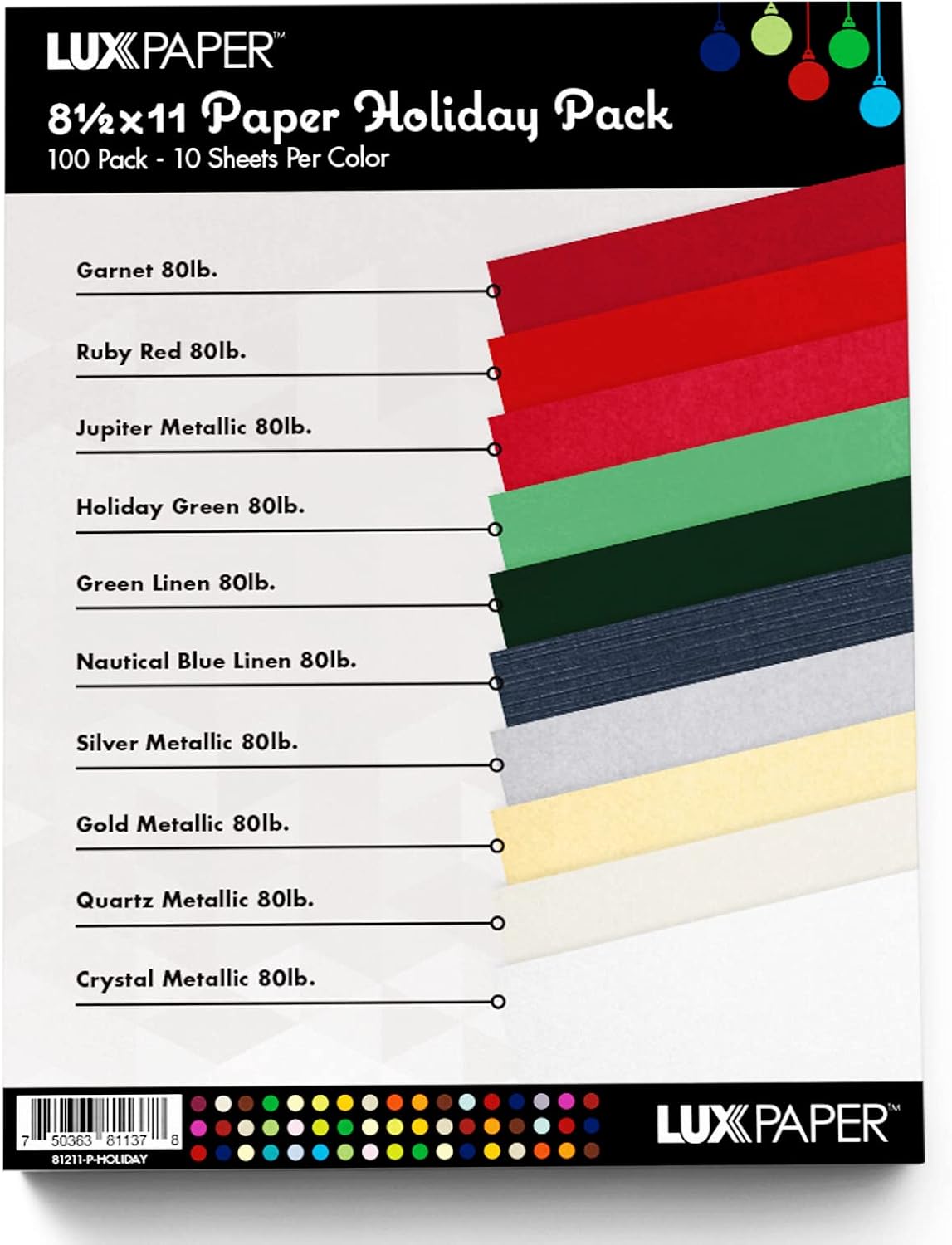 LUXPaper Paquete variado de papel de 8.5 x 11 pulgadas  Tamaño carta  Varios colores festivos  Texto de 80 libras  100 unidades