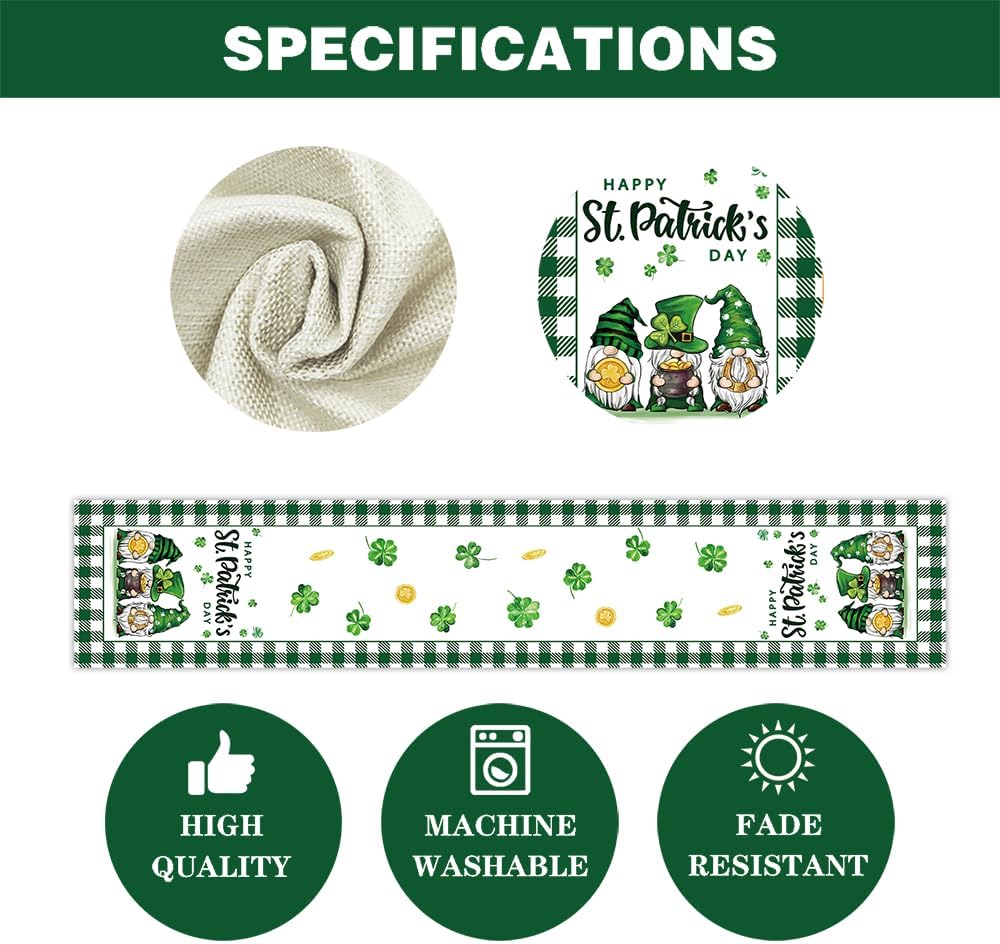Camino de mesa Happy St Patrick’s Day Buffalo Plaid Three Gnomes Irish Green Lucky Shamrock Camino de mesa de decoración de mesa de cocina comedor