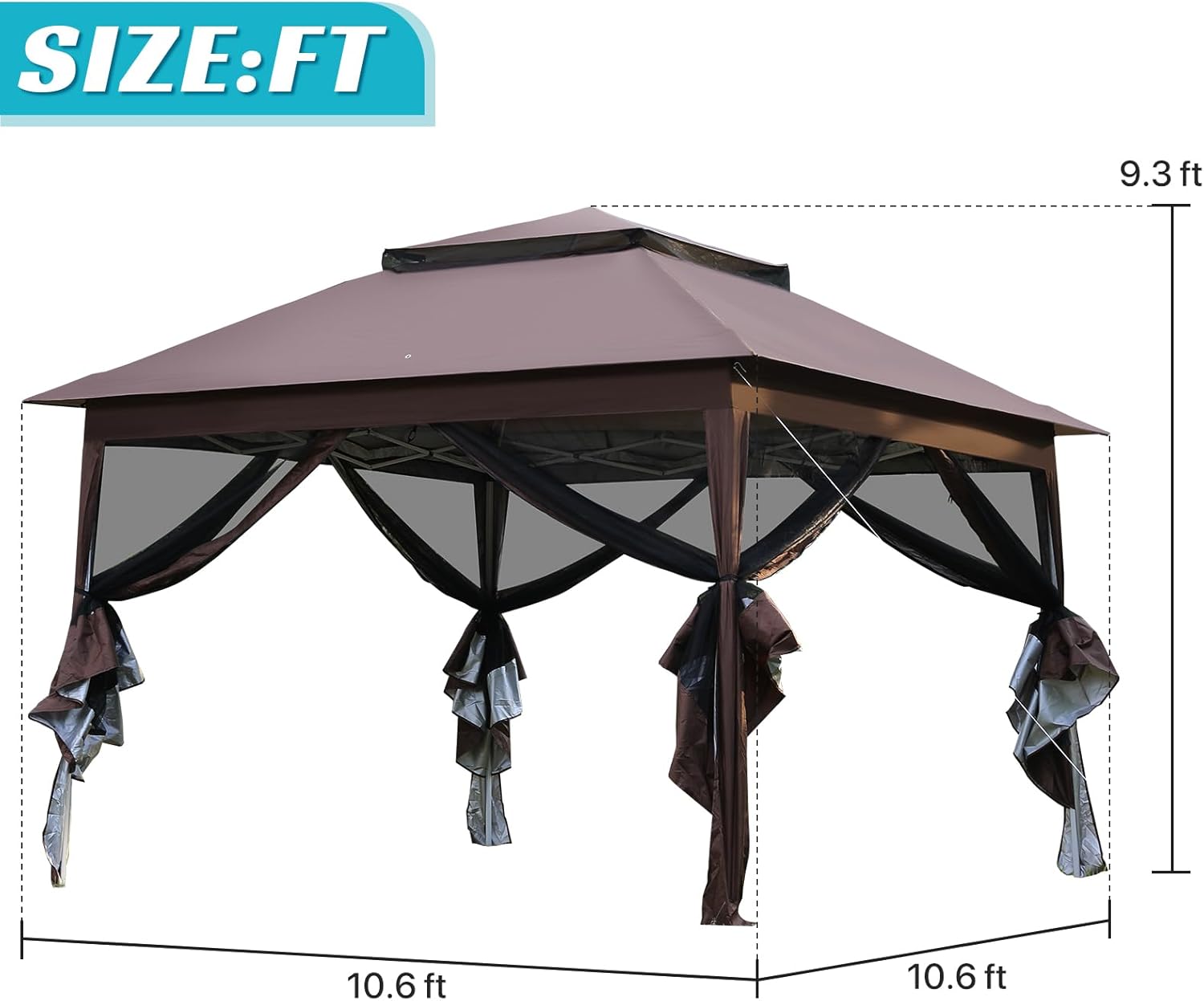Carpa desplegable de 10 x 10 pies para exteriores, carpa de fiesta resistente con mosquitera para patio, jardín, patio y césped, color marrón