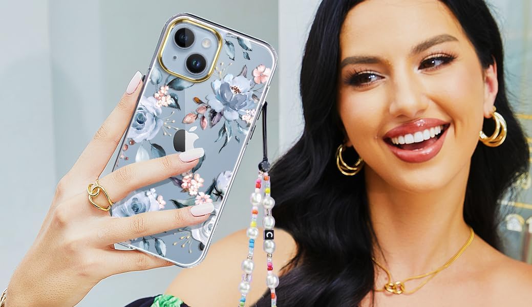 luolnh Funda compatible con iPhone 15, para mujeres y niñas, a prueba de golpes, transparente, patrón floral, carcasa trasera dura para iPhone 15 de